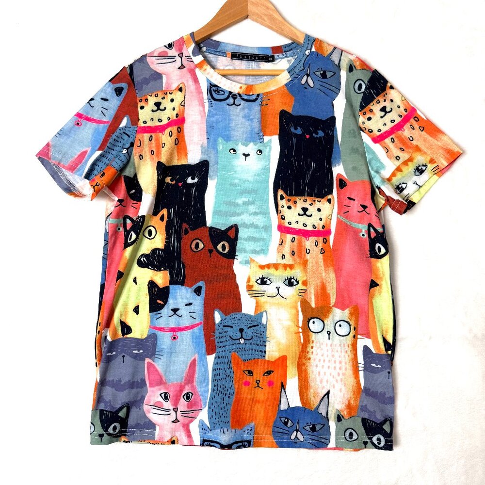 Novelty Cat Kitty All Over Graphic Print Short Sleeve Crew Neck Top Womens S